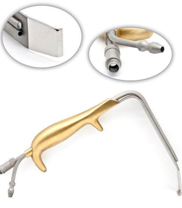 Ferreira Style Breast Retractor with Fiber Optic Light Guide & Suction Tube | Gold Handle Plastic Surgery Instruments