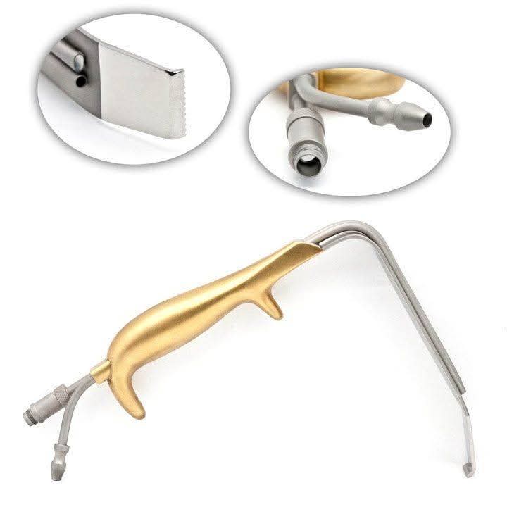 Ferreira Style Breast Retractor with Fiber Optic Light Guide & Suction Tube | Gold Handle Plastic Surgery Instruments