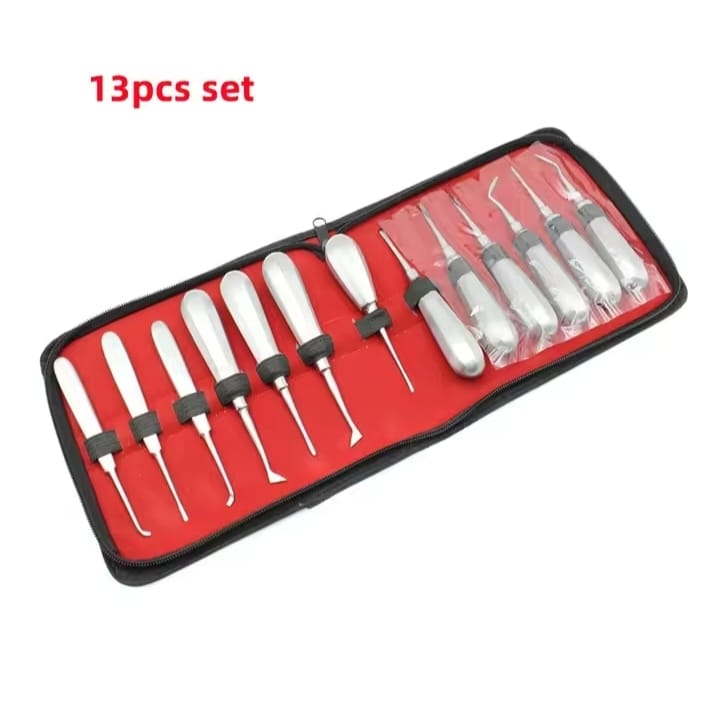13 Pcs Dental Stainless Steel Root Forceps Extraction Elevator Kit with Non-Magnetic 304 Steel & Hex Handles - Image 2