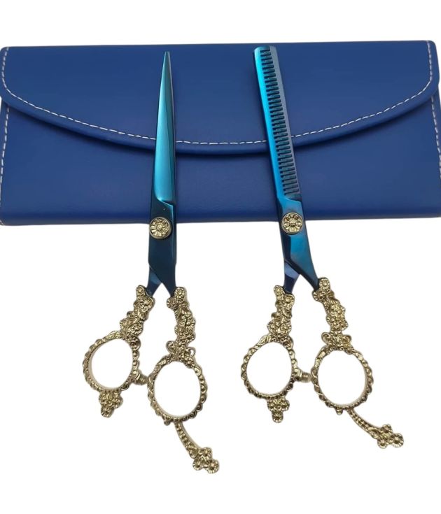 Professional Fancy Japanese 440C Steel Titanium Blue Gold Ornate Handle Hair Cutting Thinning Scissors Set Barber Shears with Red Gem Accents Leather Case