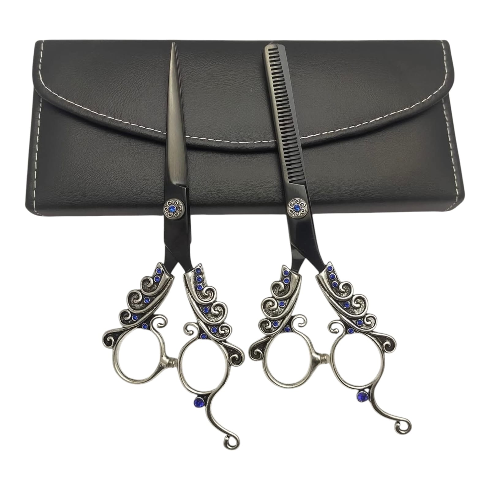 Professional Fancy Japanese 440C Steel Titanium Blue Gold Ornate Handle Hair Cutting Thinning Scissors Set Barber Shears with Red Gem Accents Leather Case (Copy) - Image 6