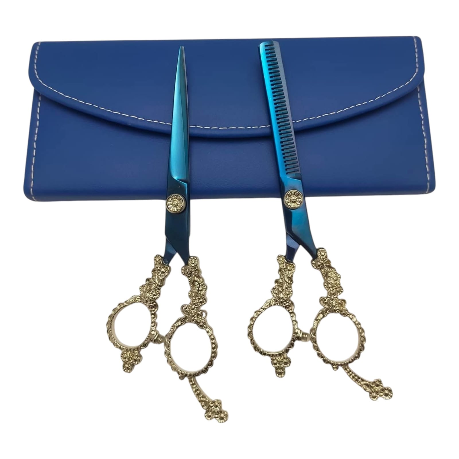 Professional Fancy Japanese 440C Steel Titanium Blue Gold Ornate Handle Hair Cutting Thinning Scissors Set Barber Shears with Red Gem Accents Leather Case