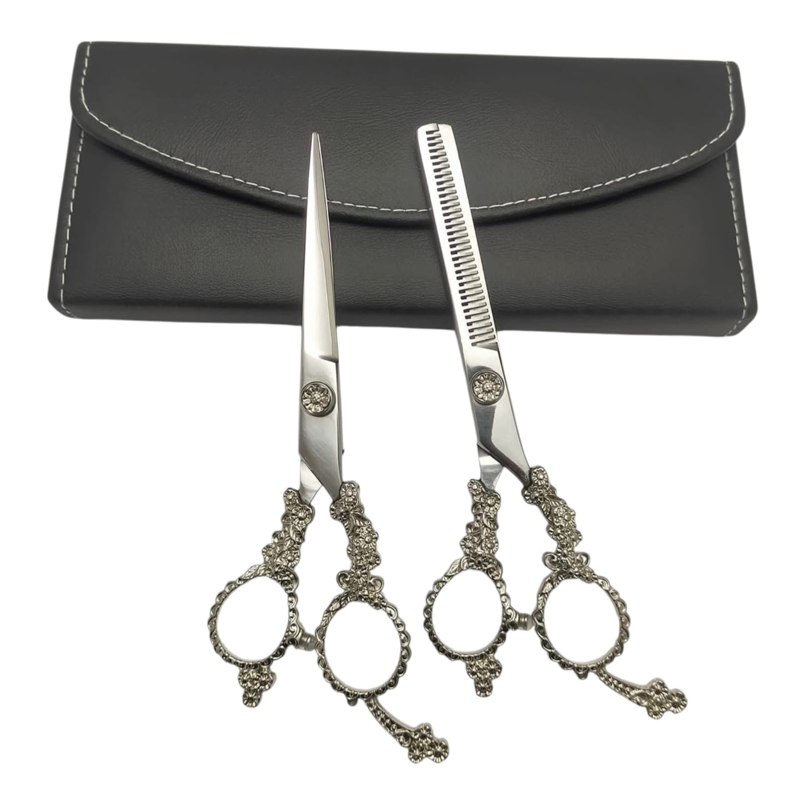 Professional Fancy Japanese 440C Steel Titanium Blue Gold Ornate Handle Hair Cutting Thinning Scissors Set Barber Shears with Red Gem Accents Leather Case - Image 3