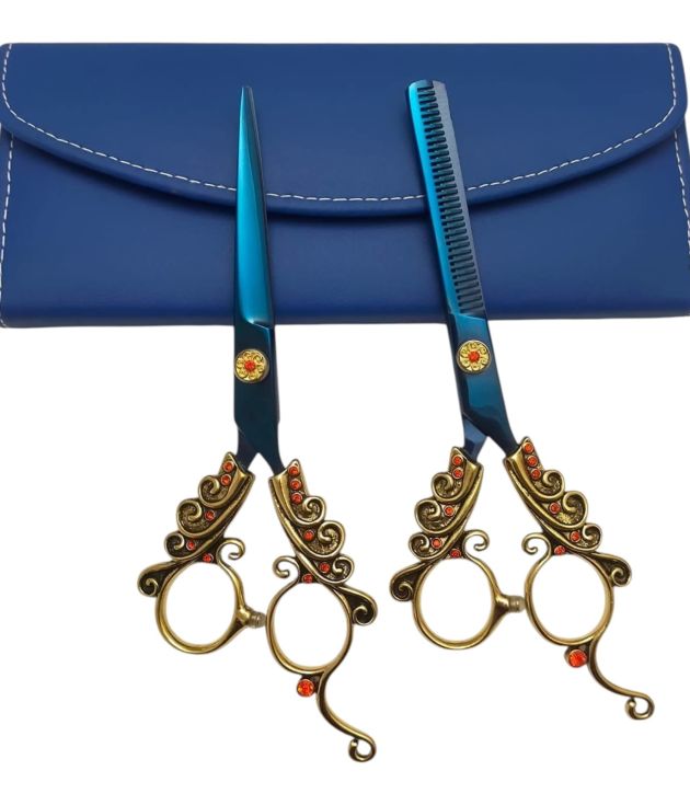 Professional Fancy Japanese 440C Steel Titanium Blue Gold Ornate Handle Hair Cutting Thinning Scissors Set Barber Shears with Red Gem Accents Leather Case (Copy)