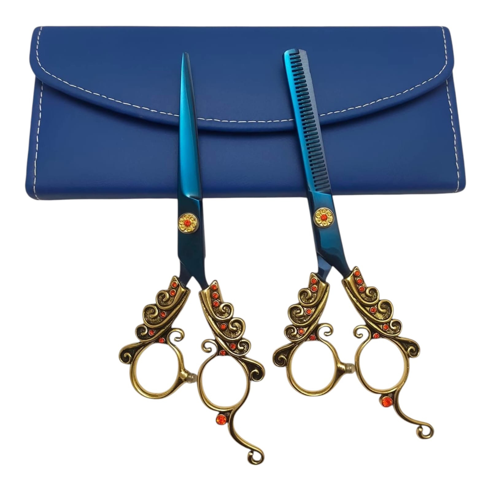 Professional Fancy Japanese 440C Steel Titanium Blue Gold Ornate Handle Hair Cutting Thinning Scissors Set Barber Shears with Red Gem Accents Leather Case (Copy)