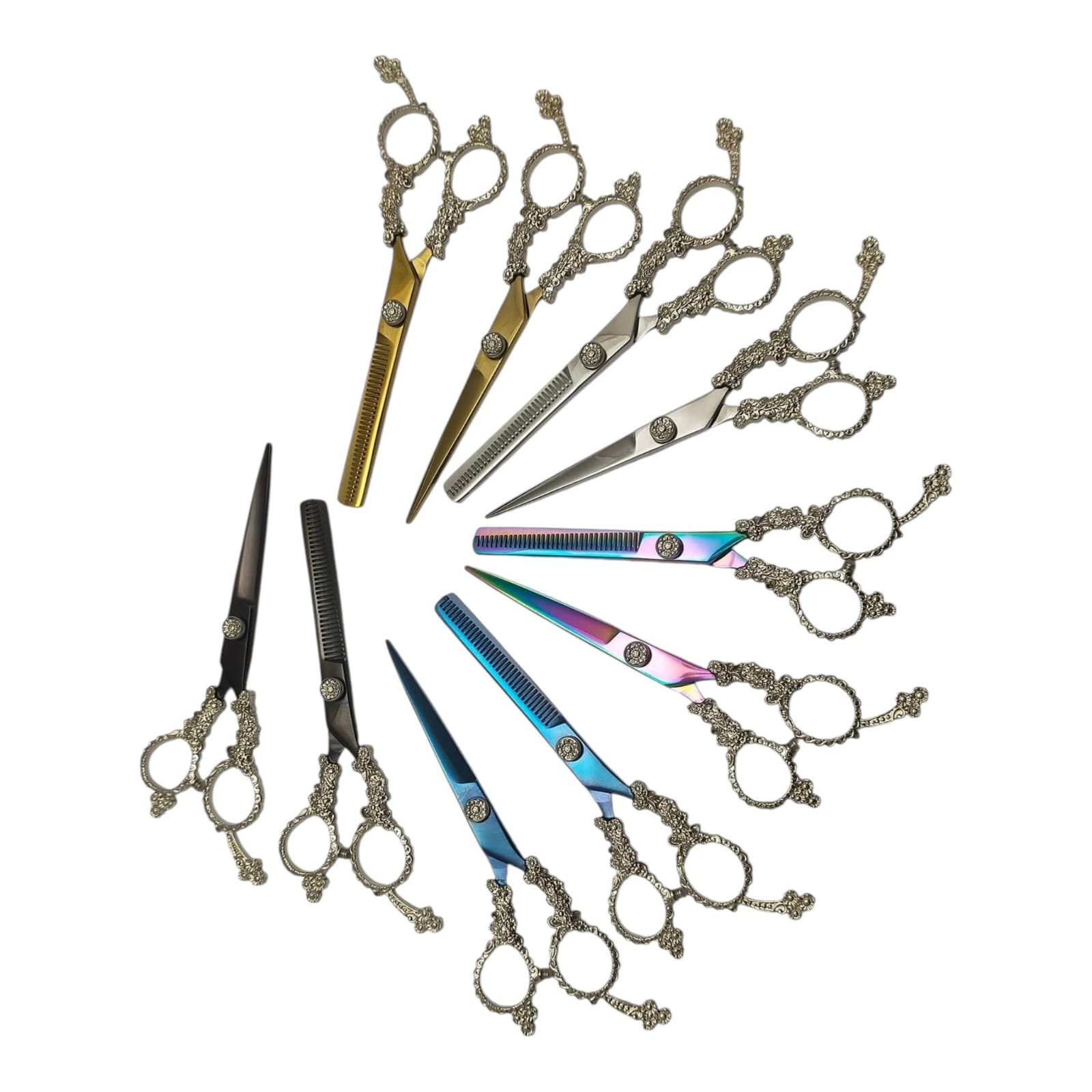 Professional Fancy Japanese 440C Steel Titanium Blue Gold Ornate Handle Hair Cutting Thinning Scissors Set Barber Shears with Red Gem Accents Leather Case - Image 4