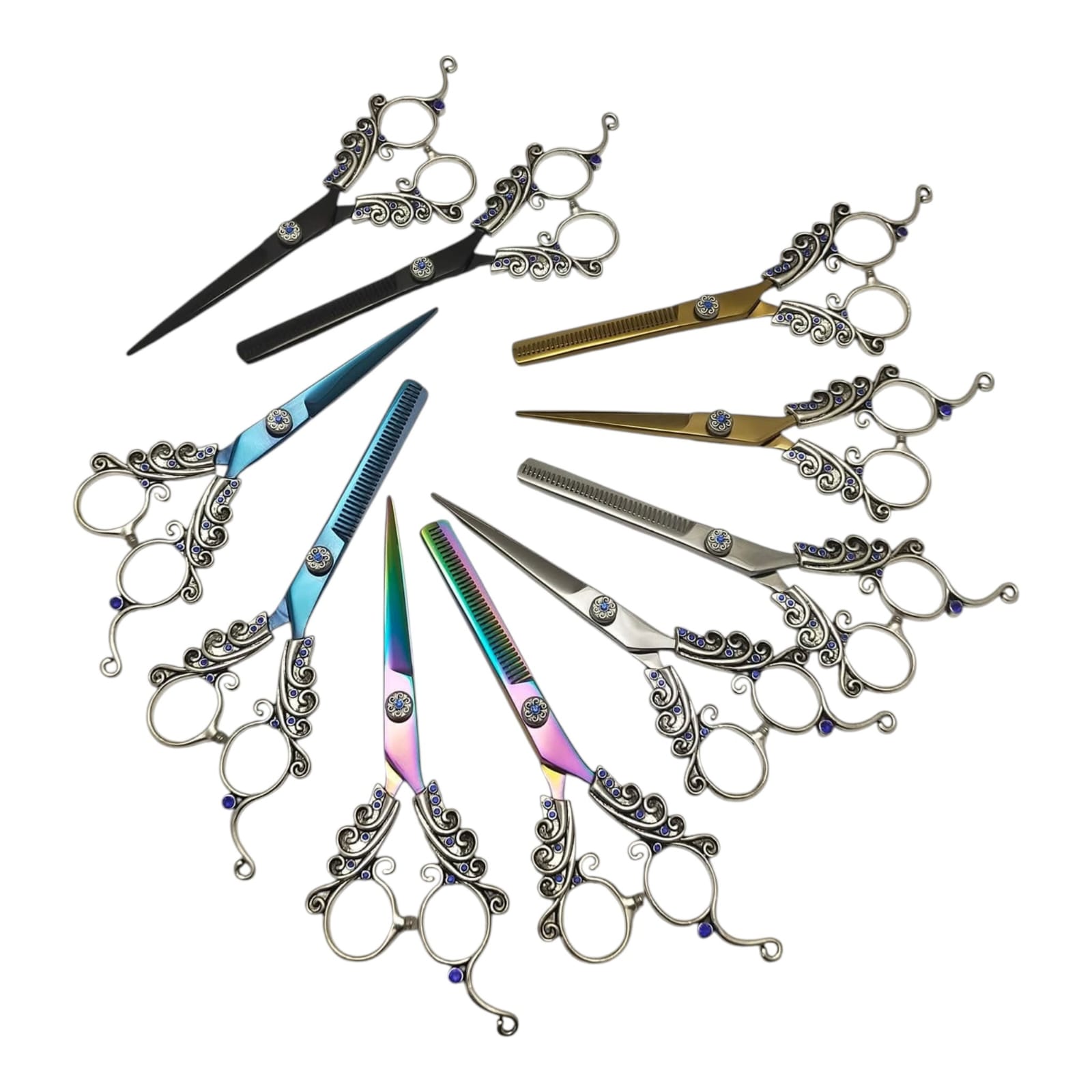 Professional Fancy Japanese 440C Steel Titanium Blue Gold Ornate Handle Hair Cutting Thinning Scissors Set Barber Shears with Red Gem Accents Leather Case (Copy) - Image 4