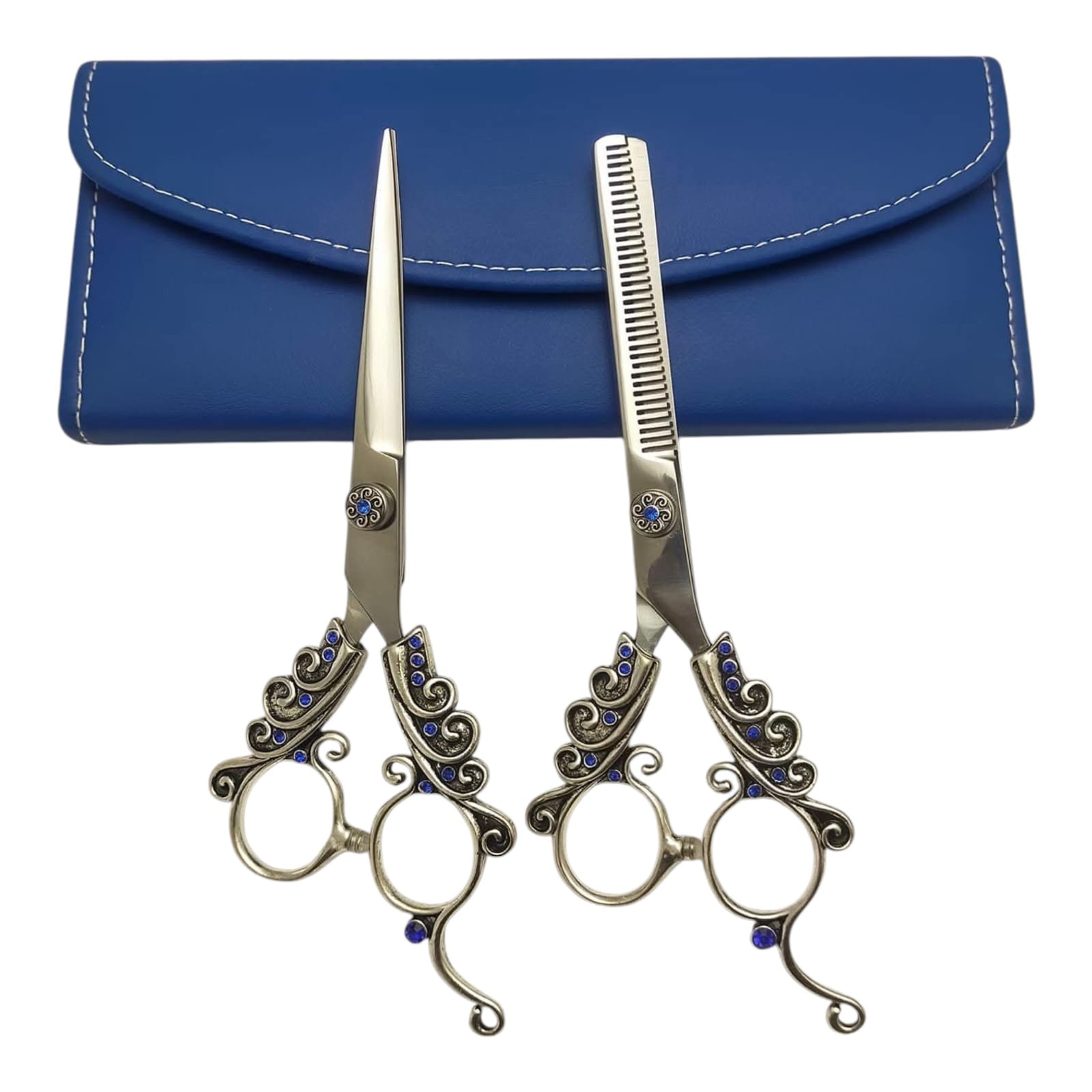 Professional Fancy Japanese 440C Steel Titanium Blue Gold Ornate Handle Hair Cutting Thinning Scissors Set Barber Shears with Red Gem Accents Leather Case (Copy) - Image 3