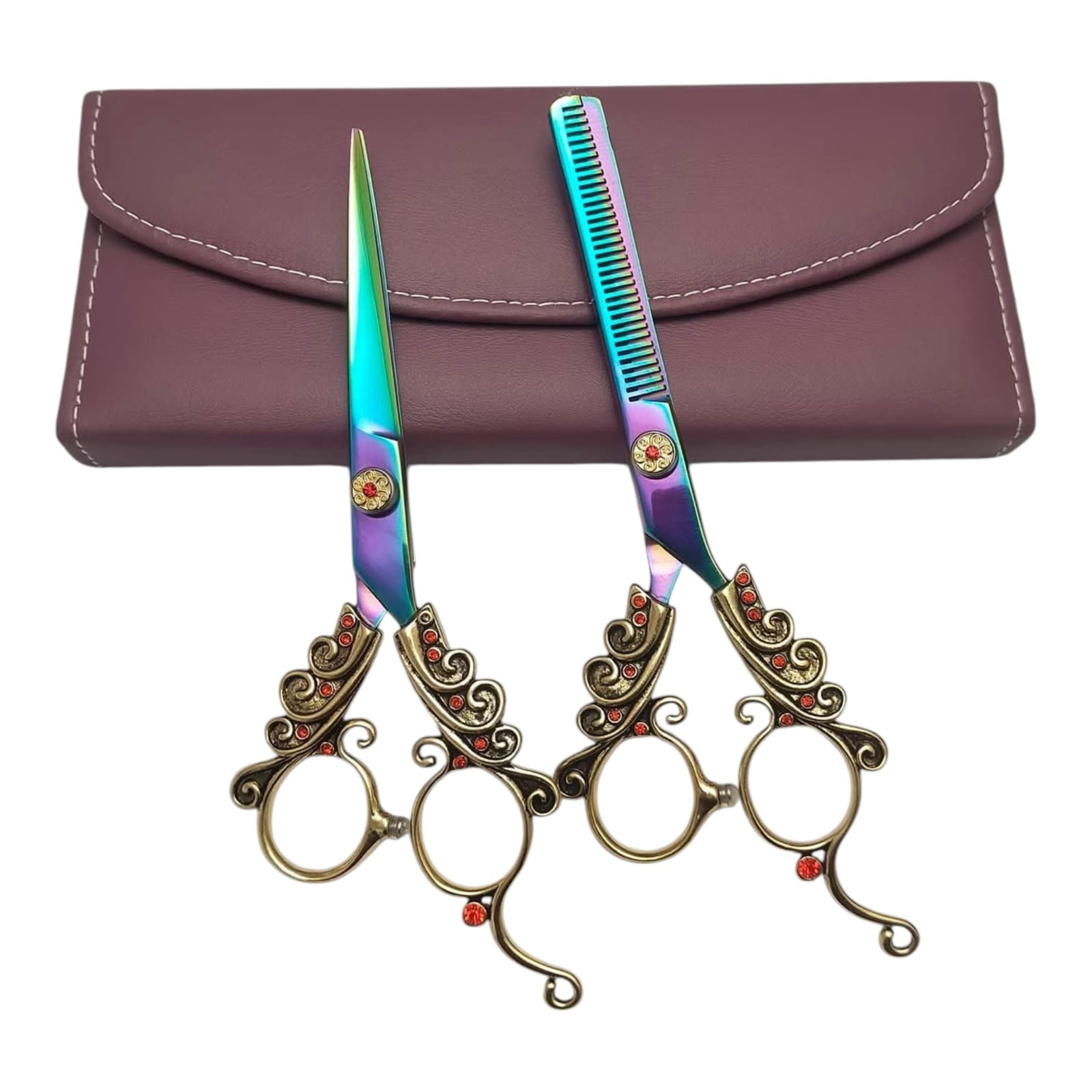 Professional Fancy Japanese 440C Steel Titanium Blue Gold Ornate Handle Hair Cutting Thinning Scissors Set Barber Shears with Red Gem Accents Leather Case (Copy) - Image 2