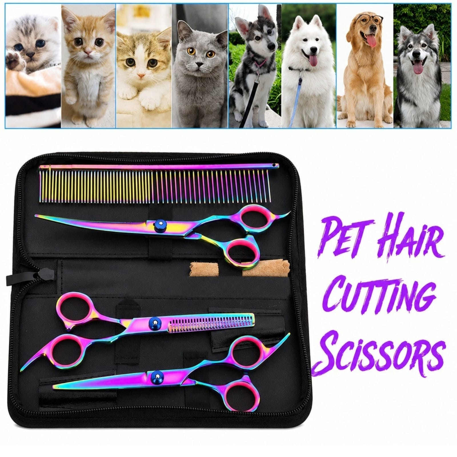 Laser Surgical Professional Professional Pet Grooming Scissors Set 7 Inch Rainbow Multi-Color Titanium Coated 440C Stainless Steel Dog Cat Hair Cutting Shear Kit