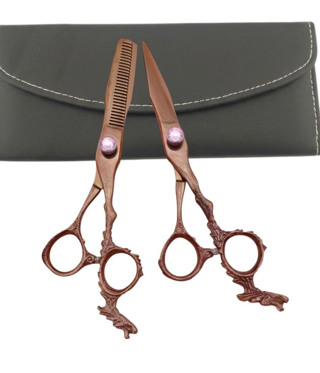 Professional 7.5 Inch Japanese 440C Steel Antique Copper Hair Cutting & Thinning Scissors Set - Dragon Handle Barber Shears with Pink Gem Tension Screw & Leather Case