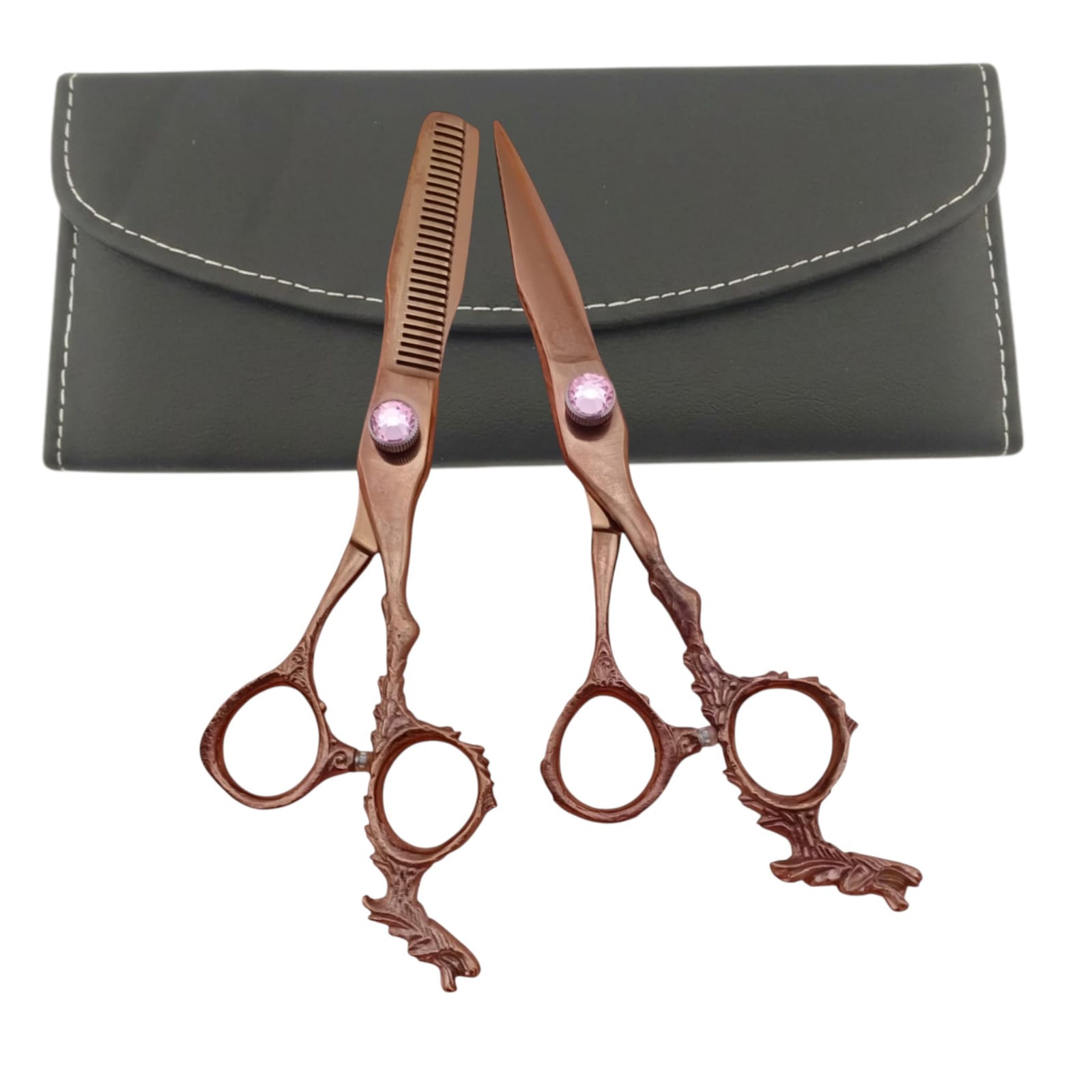 Professional 7.5 Inch Japanese 440C Steel Antique Copper Hair Cutting & Thinning Scissors Set - Dragon Handle Barber Shears with Pink Gem Tension Screw & Leather Case