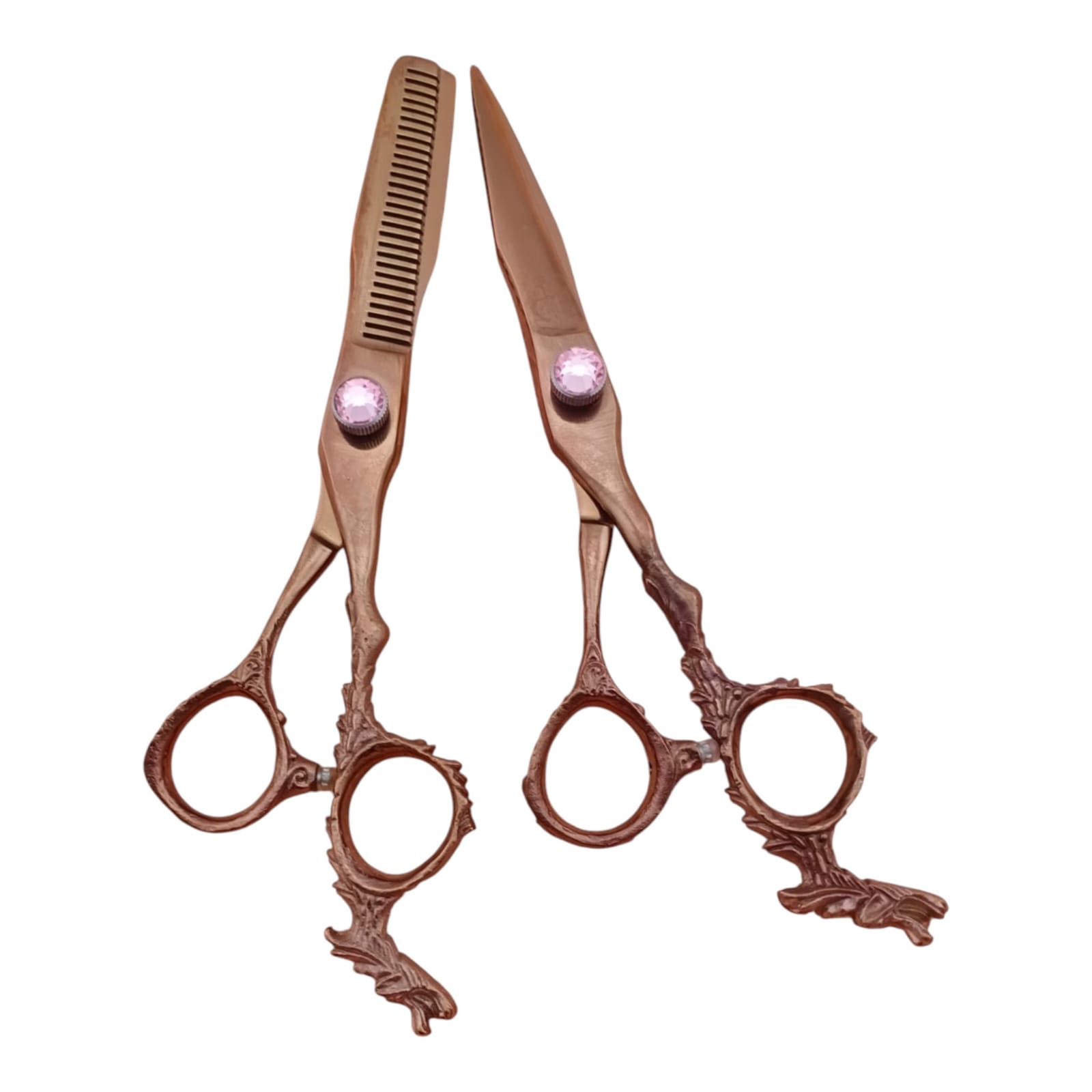 Professional 7.5 Inch Japanese 440C Steel Antique Copper Hair Cutting & Thinning Scissors Set - Dragon Handle Barber Shears with Pink Gem Tension Screw & Leather Case - Image 2