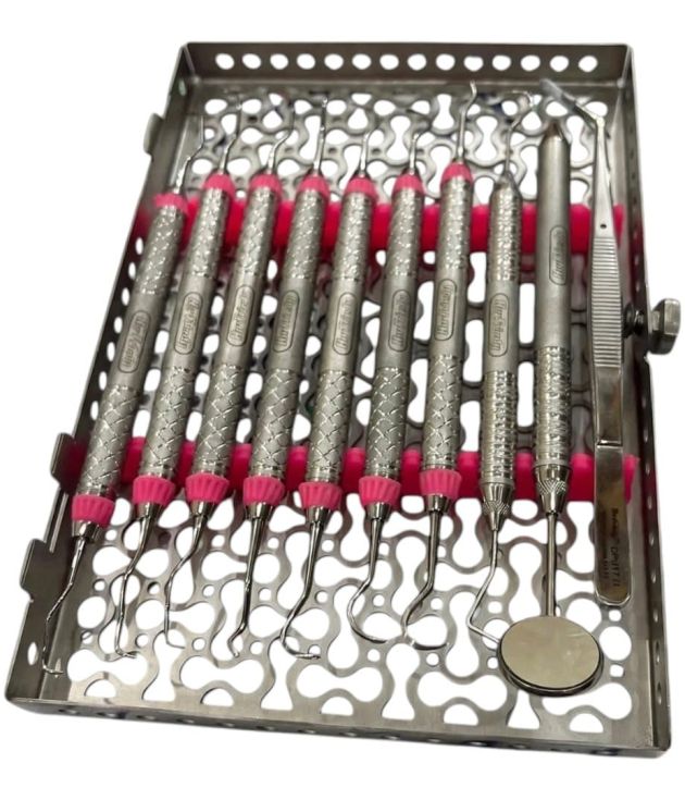 Laser Surgical Professional Hu Friedy Style 9 Pcs Dental Diagnostic Scaling Hygiene Set Dental Scalers Curettes Mirror Tweezers with Stainless Steel Sterilization Cassette Tray CE ISO 9001 ISO 13485 Certified