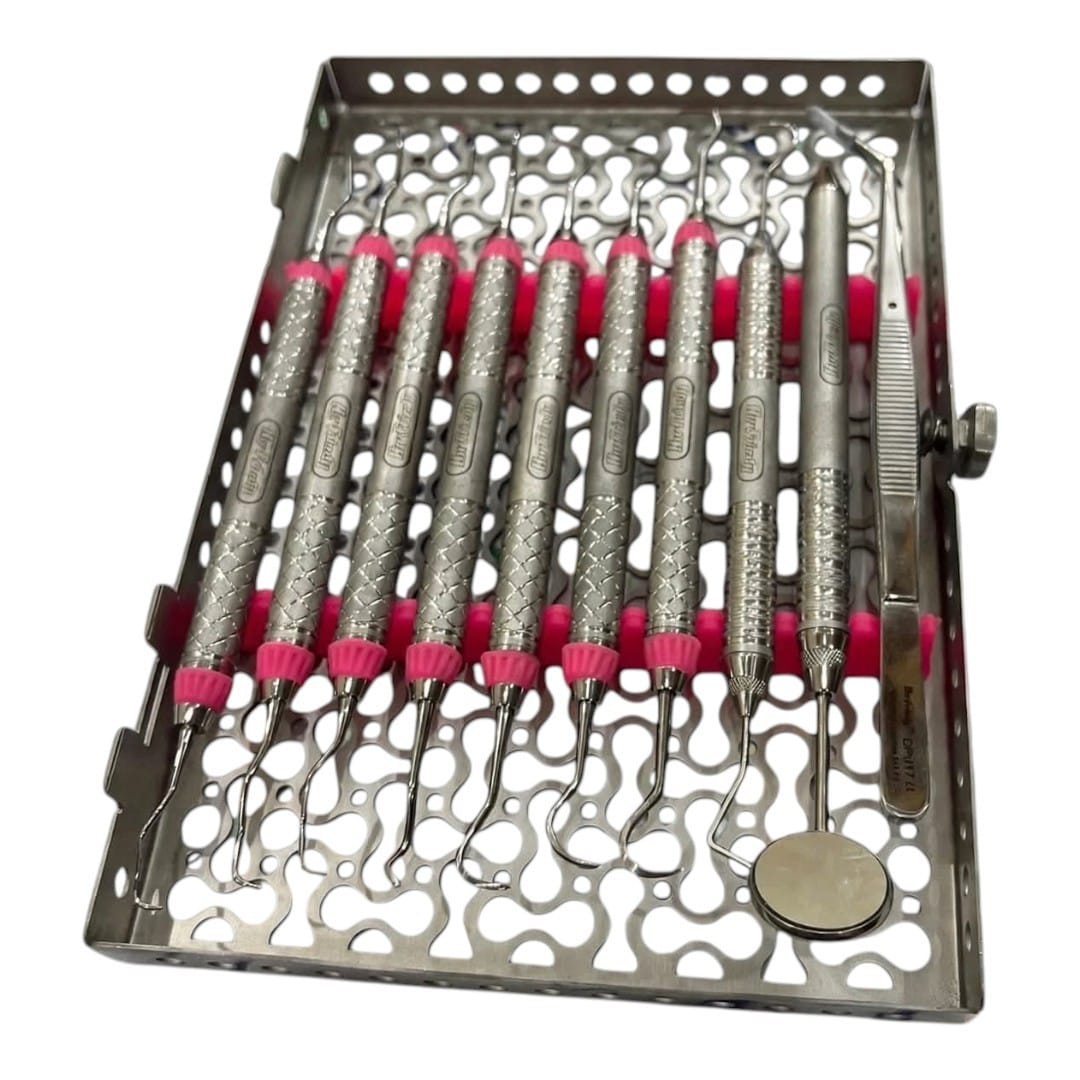 Laser Surgical Professional Hu Friedy Style 9 Pcs Dental Diagnostic Scaling Hygiene Set Dental Scalers Curettes Mirror Tweezers with Stainless Steel Sterilization Cassette Tray CE ISO 9001 ISO 13485 Certified