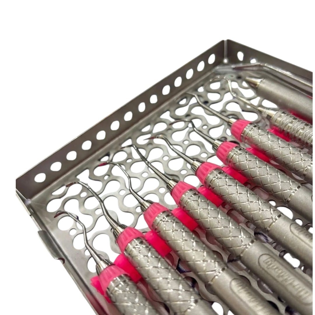 Laser Surgical Professional Hu Friedy Style 9 Pcs Dental Diagnostic Scaling Hygiene Set Dental Scalers Curettes Mirror Tweezers with Stainless Steel Sterilization Cassette Tray CE ISO 9001 ISO 13485 Certified - Image 3
