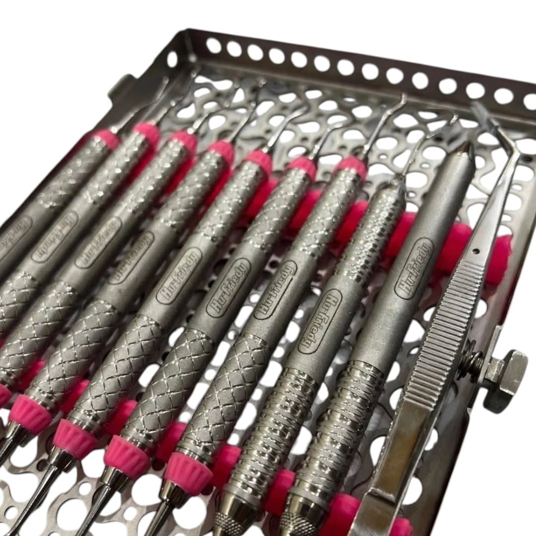 Laser Surgical Professional Hu Friedy Style 9 Pcs Dental Diagnostic Scaling Hygiene Set Dental Scalers Curettes Mirror Tweezers with Stainless Steel Sterilization Cassette Tray CE ISO 9001 ISO 13485 Certified - Image 5