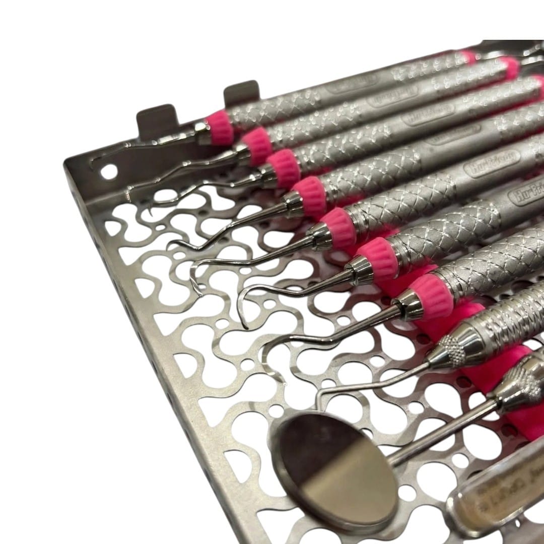 Laser Surgical Professional Hu Friedy Style 9 Pcs Dental Diagnostic Scaling Hygiene Set Dental Scalers Curettes Mirror Tweezers with Stainless Steel Sterilization Cassette Tray CE ISO 9001 ISO 13485 Certified - Image 2